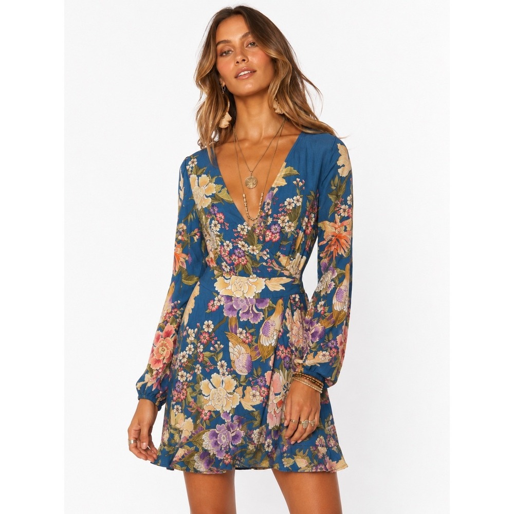 Spell & The Gypsy Collective Blue Skies Wrap Mini Dress Floral Bird 822